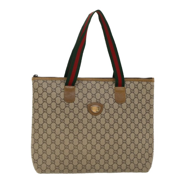 GUCCI GG Plus Canvas Web Sherry Line Tote Bag Beige Red Green Auth ep1048 - Picture 1 of 16